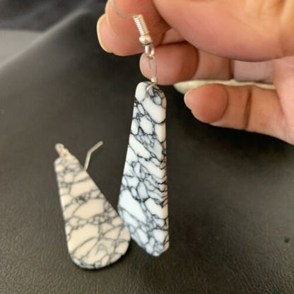 Navajo White Buffalo Turquoise Dangle Earrings | Sterling Silver | 2" | Authentic Native American Handmade | 11751