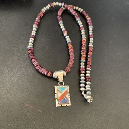 Navajo Multi-Color Inlay Pendant | Sterling Silver Purple Spiny Oyster Necklace 21" | 12359
