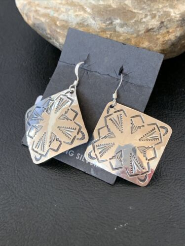 Native American Women's Dangle Earrings | Navajo Sterling Silver Stamped Handmade | 1660