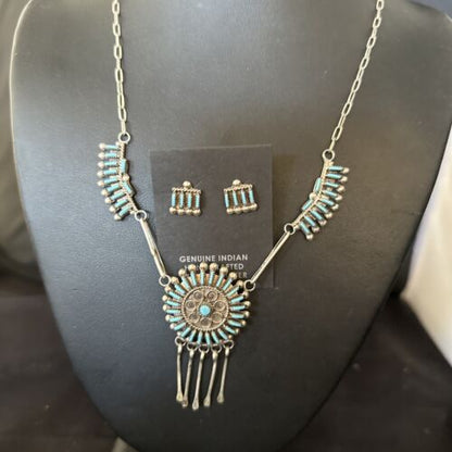 Zuni Kingman Turquoise Needle Point Necklace Pendant Earrings Set | Sterling Silver | Native American Handmade | 14488