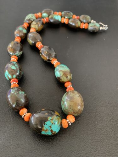 Navajo Green Turquoise & Orange Spiny Oyster Necklace | Sterling Silver | 23" | 1845