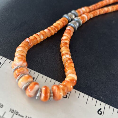 Navajo Orange Spiny Oyster Necklace | Sterling Silver Pearls | 20" | Authentic Native American Handmade | 14645