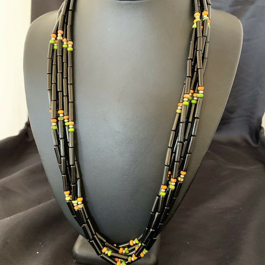 Navajo Black Onyx Spiny Turquoise Bead Necklace with Pendant | Sterling Silver | 22" | 10922