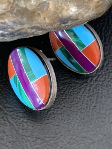 Navajo Multi-Color Turquoise Coral Inlay Earrings | Sterling Silver | Authentic Native American Handmade | 1716