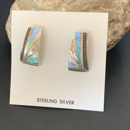 Navajo Blue White Opal Inlay Earrings | Sterling Silver | Authentic Native American Handmade | 12117 - Masha USA