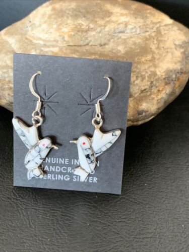 USA Sterling White Buffalo Turquoise Hummingbird Dangle Earrings 1" 12313