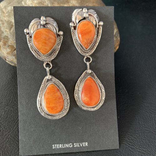 Navajo Orange Spiny Oyster Dangle Earrings | Sterling Silver | Authentic Native American Handmade | 13818