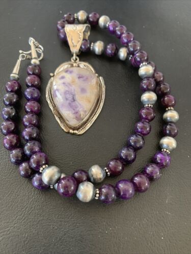 Navajo Purple Sugilite & Amethyst Pendant Necklace | Sterling Silver | Authentic Native American Handmade | 1756