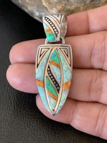 Navajo Spiny White Green Opal Inlay Pendant | Sterling Silver | Authentic Native American Handmade | 12482