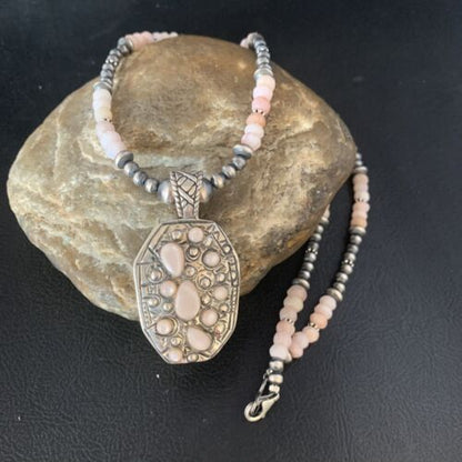 Navajo Pink Opal Beads Necklace | Multi-Stone Mother of Pearl Pendant | Sterling Silver | 13441