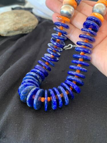 Authentic Native American Navajo Sterling Silver Beads Necklace Set | Lapis & Spiny Oyster| 30" | 11856