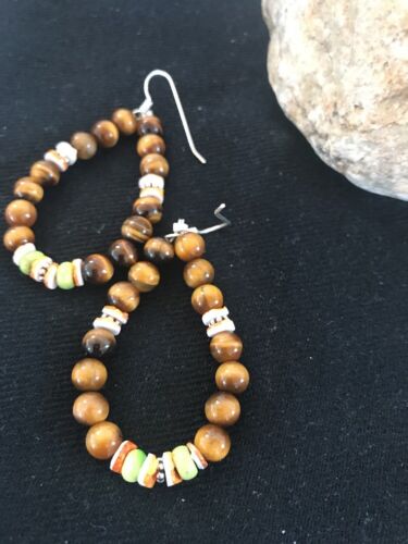 Navajo Sterling Silver Tigers Eye Spiny Oyster Turquoise Earrings | Southwestern Dangle | Handcrafted Native American - Masha USA