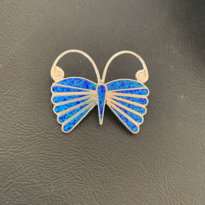 Navajo Blue Opal Butterfly Sterling Silver Necklace Pin Pendant | 11973