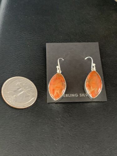 Native American Orange Apple Coral Dangle Drop Earrings | Sterling Silver | 1" | 14096