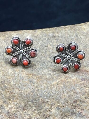 Native American Zuni Cluster Necklace and Coral Earrings Set | Sterling Silver | 0.6" | 1074