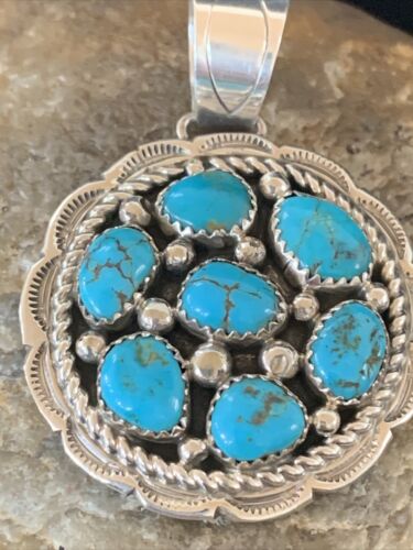 Navajo Kingman Blue Turquoise Cluster Pendant | Authentic Native American Sterling Silver | Multi-Stone | 2" | 2093