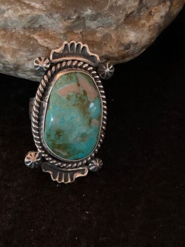 Native American Green Turquoise Ring | Navajo Sterling Silver | Sz 8 | 4139