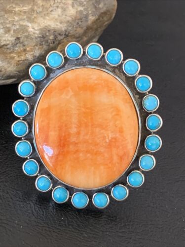Navajo Blue Turquoise & Spiny Oyster Cluster Ring | Authentic Native American Sterling Silver | Multi-Stone | Sz 9-12 | 10628