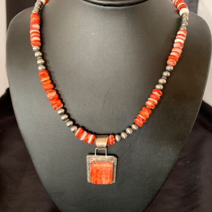 Navajo Pearls Necklace with Red Spiny Oyster Pendant | Sterling Silver | Authentic Native American Handmade | 11324
