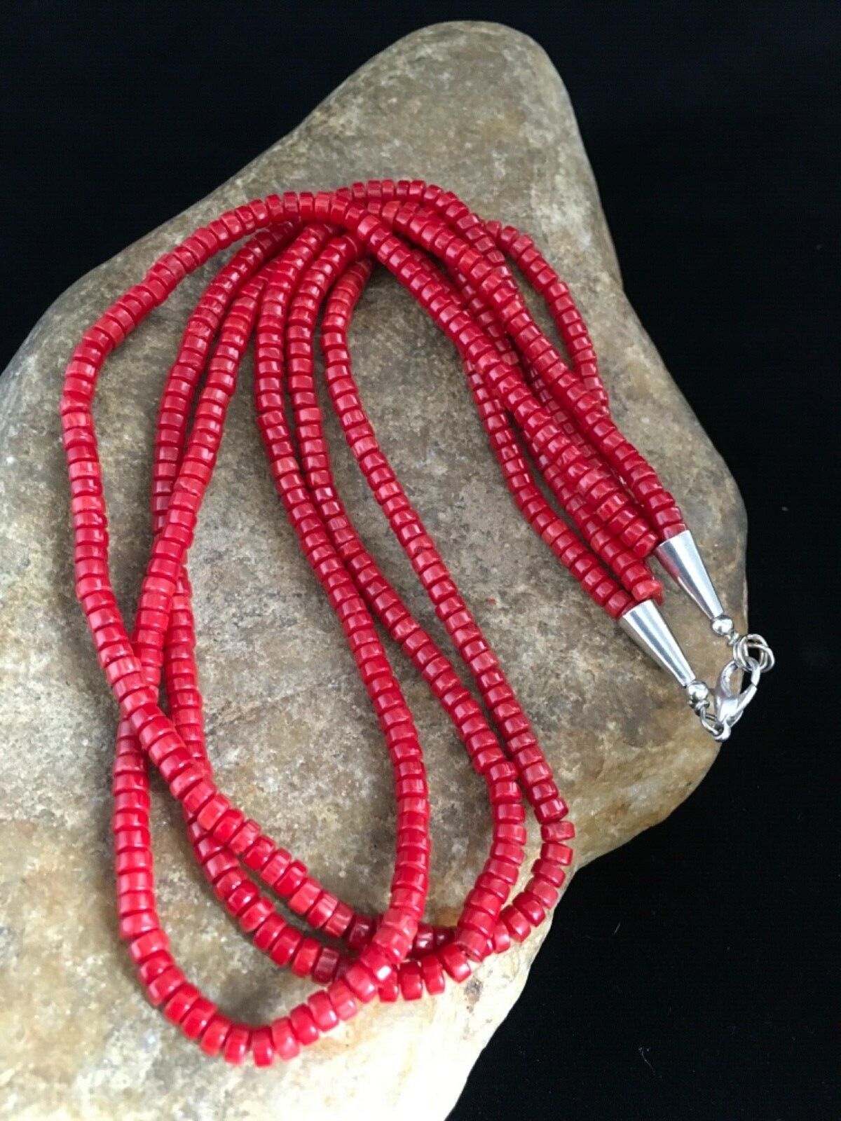 Native American Red Stabilized Coral Heishi Necklace | 3-Strand Sterling Silver | 17" | 1778