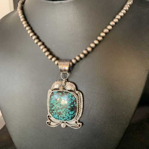 Men's Navajo Blue Spiderweb Turquoise Pendant Necklace | Sterling Silver | Authentic Native American Handmade | 14203