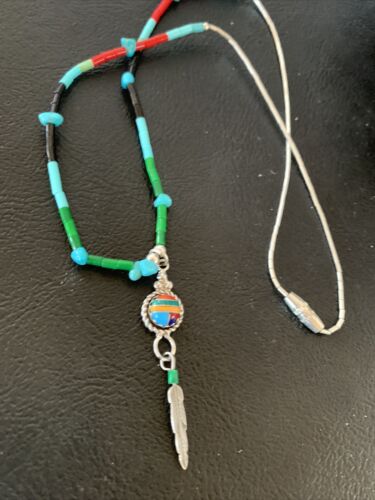 Girls Multi-Color Liquid Silver Heishi Pendant | Inlay | Sterling Silver Leaf Inlay | 02047
