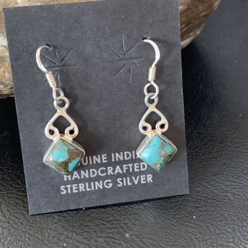 Navajo Blue Turquoise Dangle Earrings | Sterling Silver | 0.5" | Authentic Native American Handmade | 12750