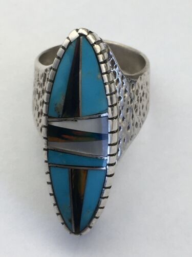 Navajo Multi-Color Opal & Turquoise Inlay Ring | Sterling Silver | Sz 8 | Authentic Native American Handmade | 1611