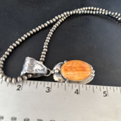 Navajo Pearls Orange Spiny Oyster Necklace Pendant | Sterling Silver | Authentic Native American Handmade | 14718
