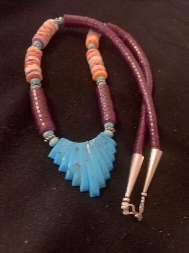 Santo Domingo Sugilite Turquoise Pendant Necklace | Sterling Silver | Authentic Native American Handmade | 22" | 612
