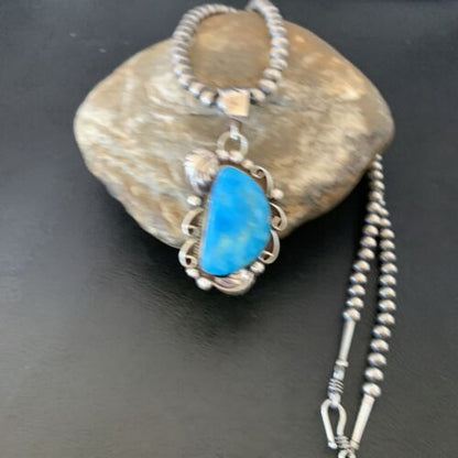 Native American Sterling Silver Blue Kingman Turquoise Necklace Pendant | Women's | 10901