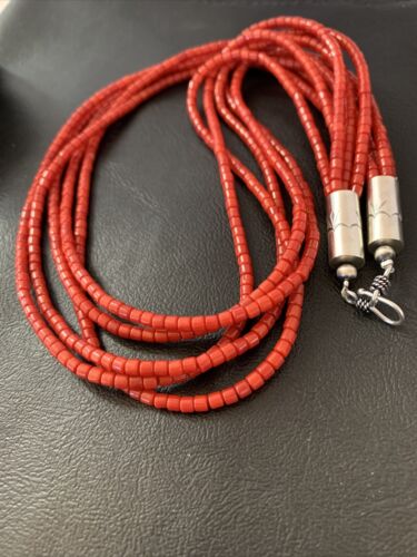 Southwestern Navajo 5-Strand Red Coral Bead Necklace | Sterling Silver | Authentic Native American Handmade | 01954