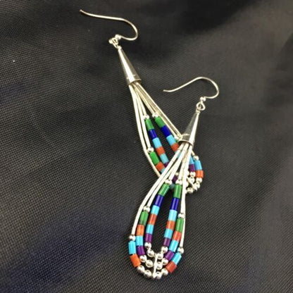 Handmade Liquid Silver Heishi Dangle Earrings | Turquoise Coral | Sterling Silver | 2" | 2009