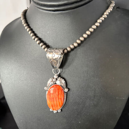 Navajo Pearls Red Spiny Oyster Necklace Pendant | Sterling Silver | Authentic Native American Handmade | 14724 - Masha USA