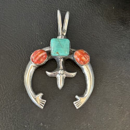 Navajo Blue Turquoise Red Spiny Oyster Naja Pendant | Sterling Silver | Authentic Native American Handmade | 14679