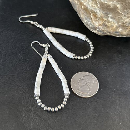Navajo White Howlite Heishi Dangle Earrings | Sterling Silver | 2" | Authentic Native American Handmade | 14480