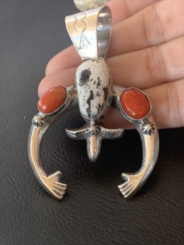 Navajo White Buffalo Turquoise Coral Naja Pendant | Sterling Silver | Authentic Native American Handmade | 11573