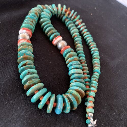 Navajo Necklace | Green Turquoise & Spiny Oyster | Sterling Silver | Authentic Native American | 28" Graduated | 01088