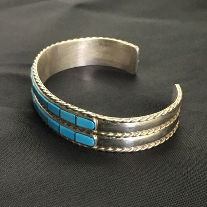 Navajo Blue Turquoise Inlay Cuff Bracelet | Sterling Silver | Authentic Native American Handmade | 1974