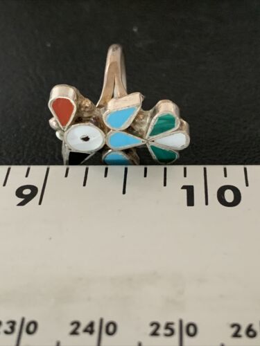 Zuni Peyote Bird Ring | Sterling Silver Coral Turquoise Onyx Mother of Pearl Inlay | Sz 5 | 10213