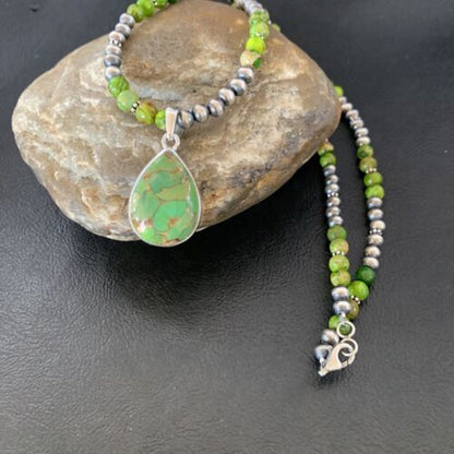 Navajo Pearl Necklace with Green Mojave Turquoise Pendant | Sterling Silver | Authentic Native American Handmade | 11759