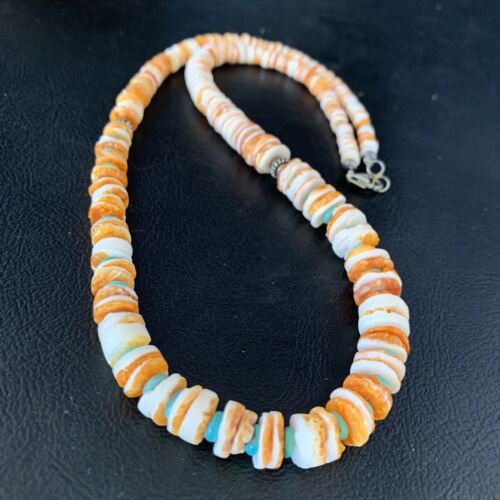 Navajo Turquoise & Orange Spiny Oyster Graduated Necklace | Sterling Silver | Authentic Native American | 21" | 13518