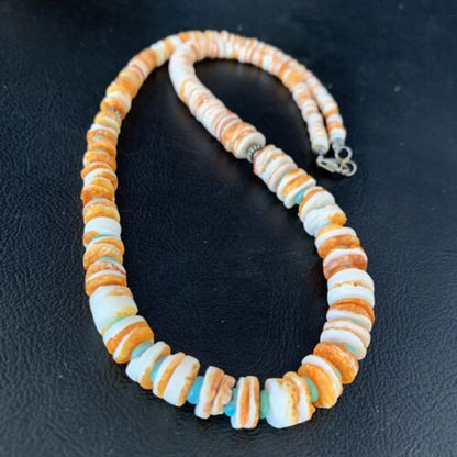 Navajo Turquoise & Orange Spiny Oyster Graduated Necklace | Sterling Silver | Authentic Native American | 21" | 13518
