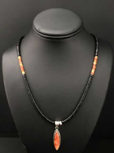 Spiny Oyster Pendant | Black Onyx Heishi | Navajo Sterling Necklace 22" | 4871
