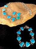 Navajo Sterling Silver Inlay Blue Turquoise Necklace & Bracelet Set | Old Pawn Jewelry | Authentic Native American Handmade | 8741