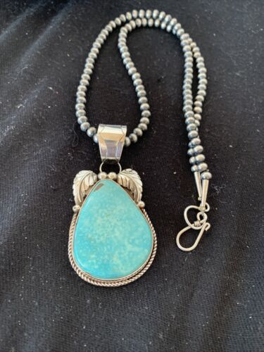 Blue Kingman Turquoise Pendant | Sterling Silver Navajo Pearls Men's Necklace 21" | 808