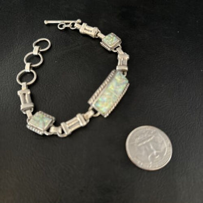 Navajo White Opal Inlay Link Bracelet | Sterling Silver | 8" | Authentic Native American Handmade | 14259