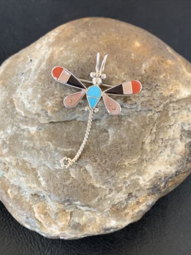 Turquoise & Mother of Pearl Inlay Dragonfly Necklace Pin Pendant | Zuni Sterling Silver | Native American Handmade | 12324