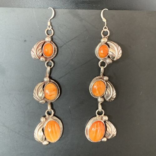 Navajo Orange Spiny Oyster Dangle Earrings | Sterling Silver | Authentic Native American Handmade | 1226