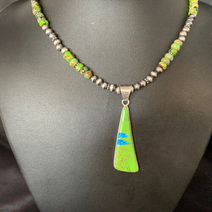 Navajo Green Turquoise Gaspeite Inlay Necklace | Sterling Silver | Authentic Native American Handmade | 13808